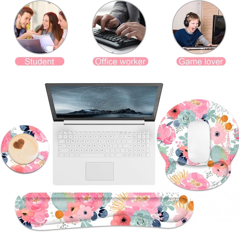 JIGOO Ergonomic Mouse Pad with Wrist Rest and Keyboard Wrist Rest, Mousepad and Wrist Rest for Computer Keyboard, Pain Relief, Non-Slip Rubber Base, Mouse Pad Wrist Support for Gaming, Office, Pink Flower - Image 5